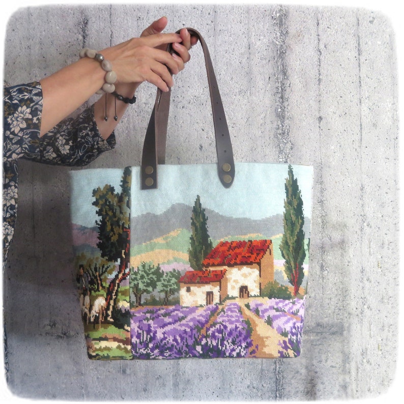 Tapestry Handbag with Vintage Needlepoint, Provence Landscape, Lavender Fields, Romanesque Chapel image 1