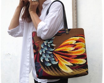 Tapestry Handbag with Vintage Needlepoint, Golden Peacock, Seventies Design