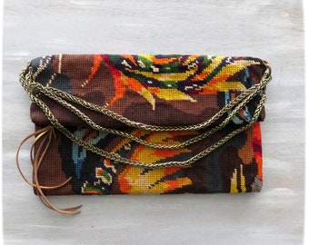 Zipper Carpet Cross body bag, French Antique needlepoint Seventies Rooster, Colorful Feathers