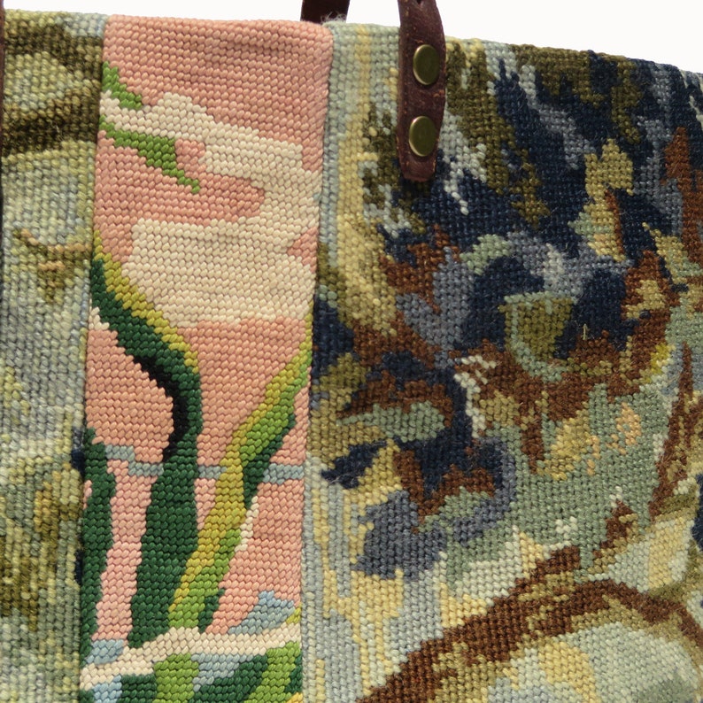 Tapestry Handbag with Vintage Needlepoint Red Roses Flowers