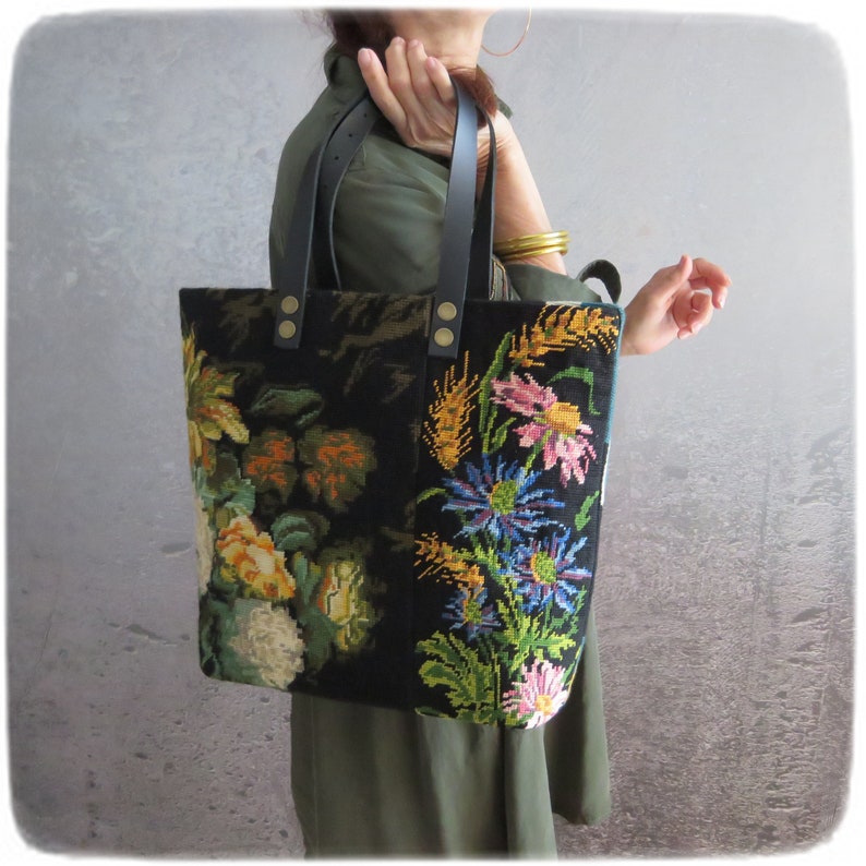 Tapestry Handbag with Vintage Needlepoint, Yellow Peonies, Wild flowers in Copper Vase image 5