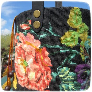 Tapestry Needlepoint Bucket Bag, Woven basket bag, Yellow Pansies image 9