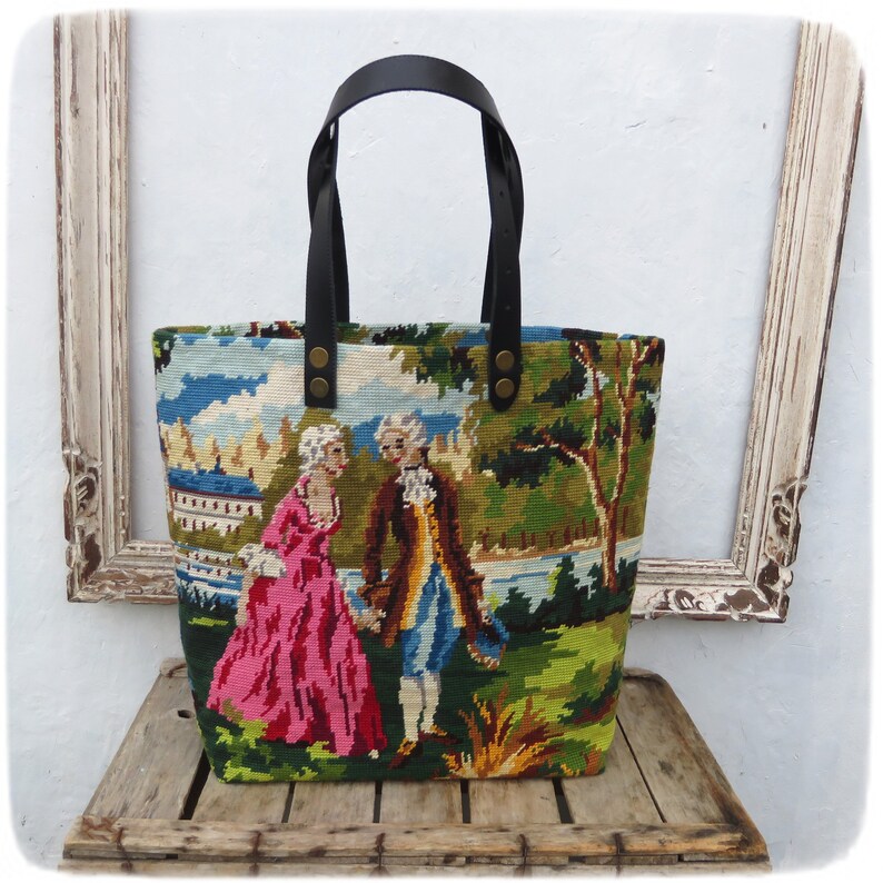 French Tapestry Purse, Canvas Handbag, French Gallant Scene, Two Romantic Couples in Royal Garden image 3