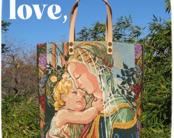 Tapestry Handbag with needlepoint, Virgin in Rose Garden from Botticelli, Mother and Son