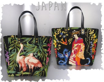 Tapestry Handbag Vintage Needlepoint Zen Asia, Geisha with Blue Dragon, Japanese Cranes