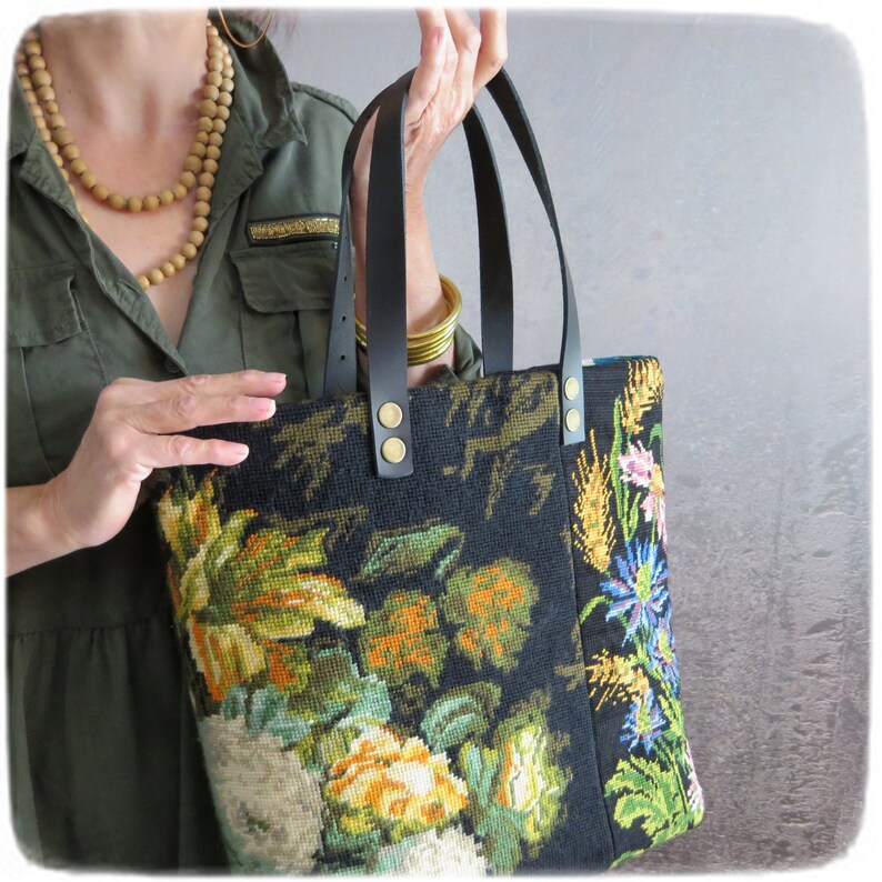 Tapestry Handbag with Vintage Needlepoint, Yellow Peonies, Wild flowers in Copper Vase image 3