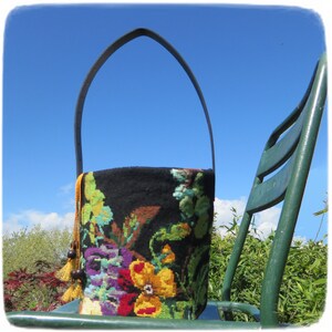 Tapestry Needlepoint Bucket Bag, Woven basket bag, Yellow Pansies image 6