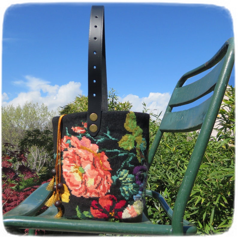 Tapestry Needlepoint Bucket Bag, Woven basket bag, Yellow Pansies image 2