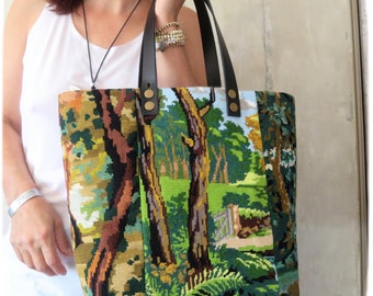 Needlepoint Shopping Bag, Tapestry Purse, Patch of Trees and Forest