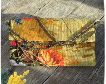 Pochette en Canevas Fleuri, Sac en Tapisserie Vintage, Grande Chainette, Bouquet Eté, Tournesols de Neswadba