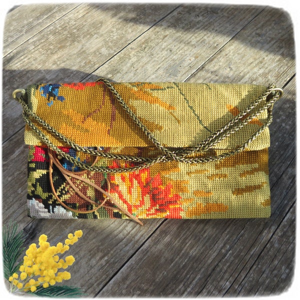 Pochette en Canevas Fleuri, Sac en Tapisserie Vintage, Grande Chainette, Bouquet Eté, Tournesols de Neswadba