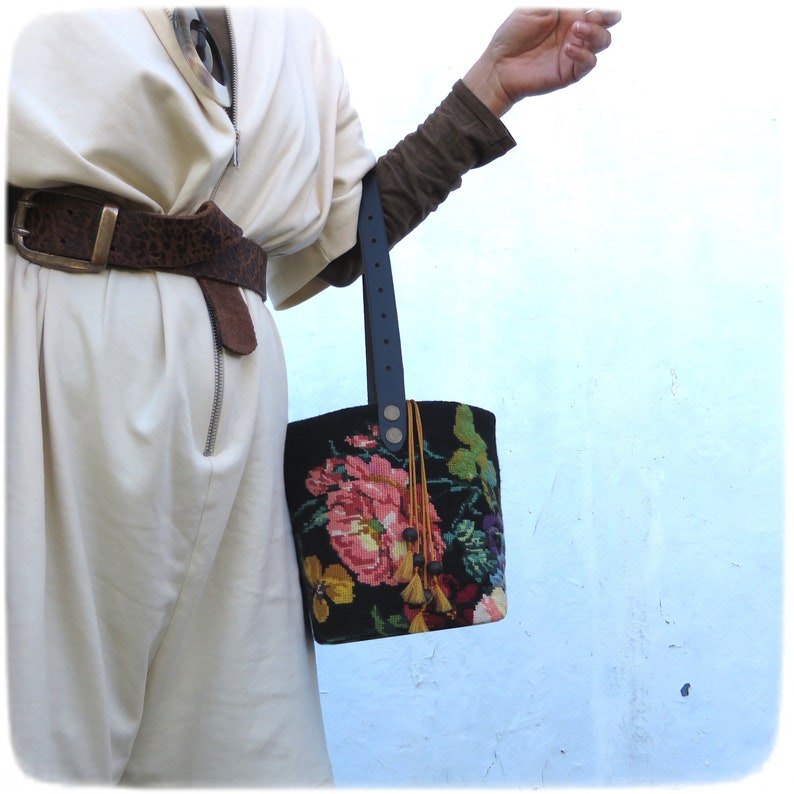 Tapestry Needlepoint Bucket Bag, Woven basket bag, Yellow Pansies image 7