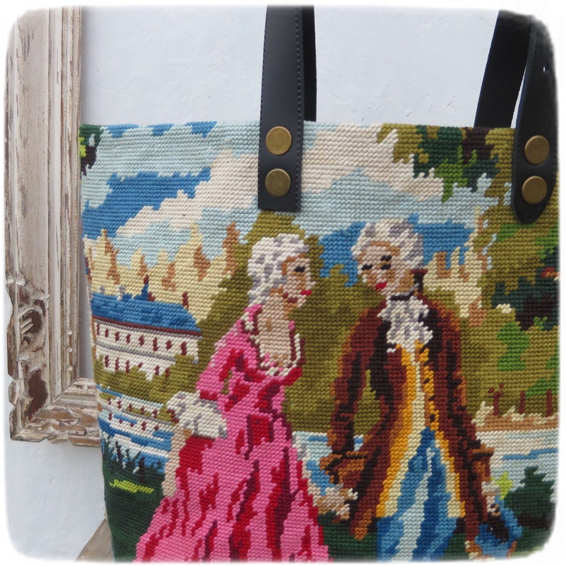 French Tapestry Purse, Canvas Handbag, French Gallant Scene, Two Romantic Couples in Royal Garden image 6