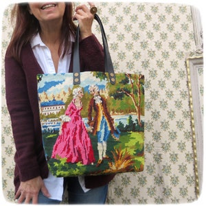 French Tapestry Purse, Canvas Handbag, French Gallant Scene, Two Romantic Couples in Royal Garden image 2
