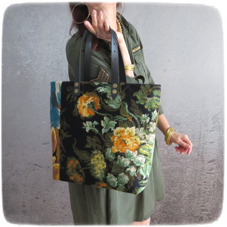 Tapestry Handbag with Vintage Needlepoint, Yellow Peonies, Wild flowers in Copper Vase image 2