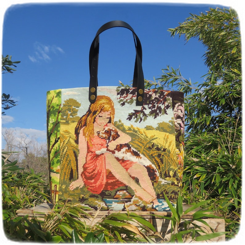 French Tapestry Bag, Canvas Handbag, Puppy or Kitten, Hugs for Her, Little Girl image 3