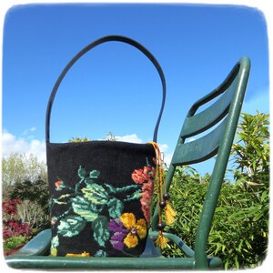 Tapestry Needlepoint Bucket Bag, Woven basket bag, Yellow Pansies image 8