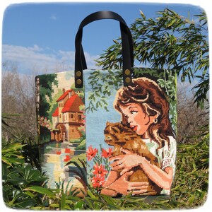 French Tapestry Bag, Canvas Handbag, Puppy or Kitten, Hugs for Her, Little Girl image 2