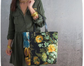 Vintage canvas tas, bloementapijt, boeket bloemen, gele pioenrozen, zuivere wol