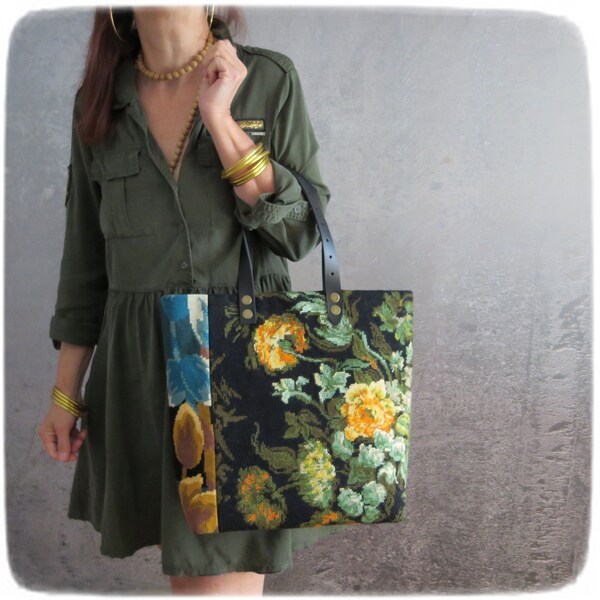 Sac Canevas Vintage, Tapisserie Fleurie, Bouquet de Fleurs, Pivoines Jaunes, Pure Laine