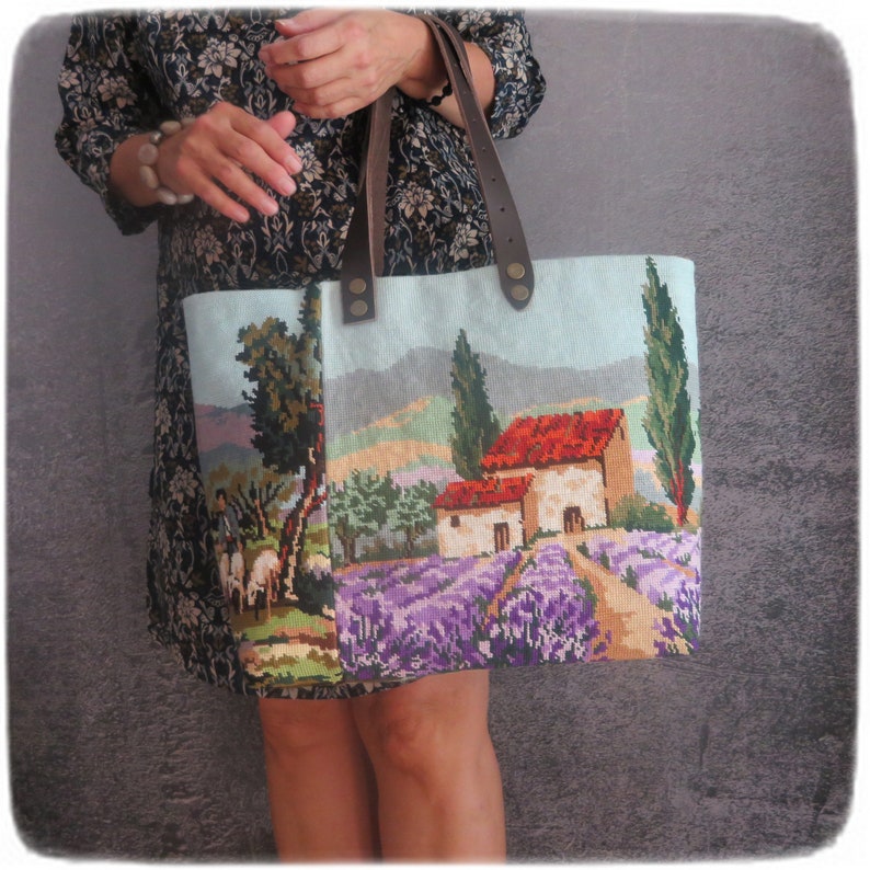 Tapestry Handbag with Vintage Needlepoint, Provence Landscape, Lavender Fields, Romanesque Chapel image 3