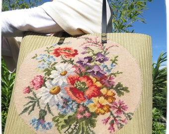 Tapestry Purse, Canvas Handbag Butterflies, Floral Patch, Upholstery Velvet, Poppies and Daisies Bunch