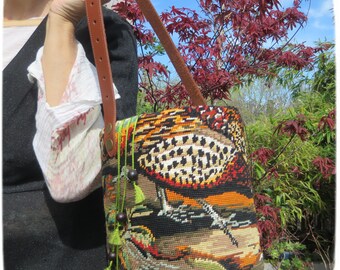 Tapestry Needlepoint Bucket Bag, Red Partridge, Woven basket bag, Feathers, Wild Bird