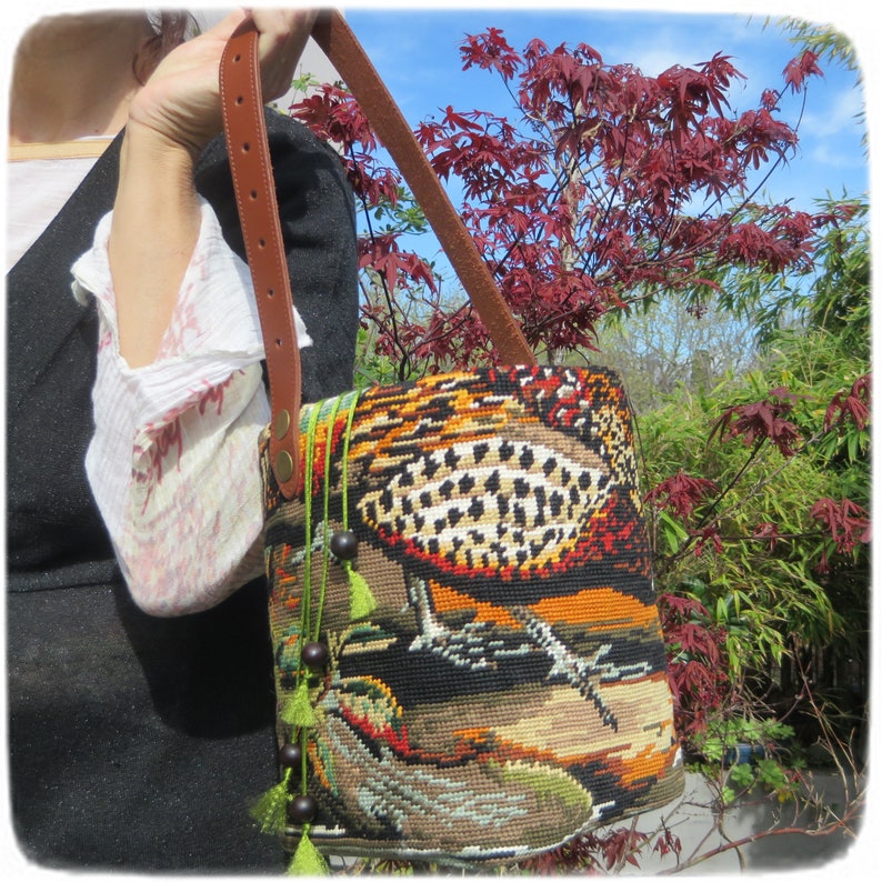 Tapestry Needlepoint Bucket Bag, Red Partridge, Woven basket bag, Feathers, Wild Bird image 1
