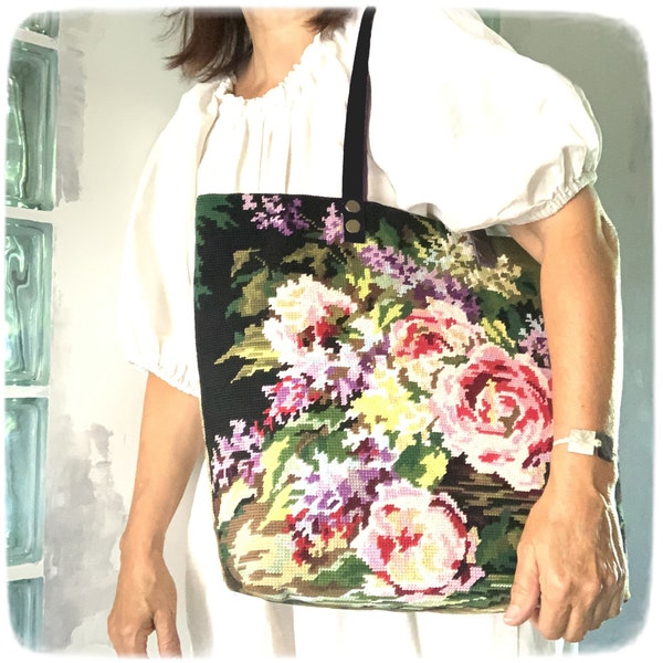 Sac Canevas Vintage, Tapisserie Fleurie, Bouquet de Fleurs, Pivoines Roses au Panier