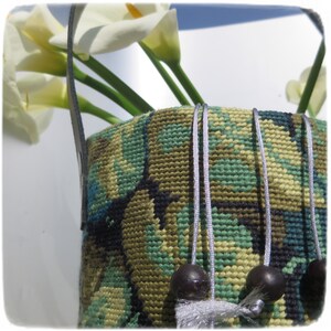 Tapestry Needlepoint Bucket Bag, Woven basket bag, Antique Verdure from 16th century, Renaissance image 6