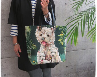 Needlepoint Tote, Handbag White Westie, French Design, Dog Lover, White Terrier, West Highland Puppies, Wild Horses