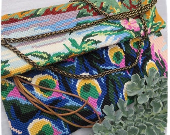 Zipper Carpet Cross body bag, French Antique needlepoint Blue Peacock, Colorful Feathers