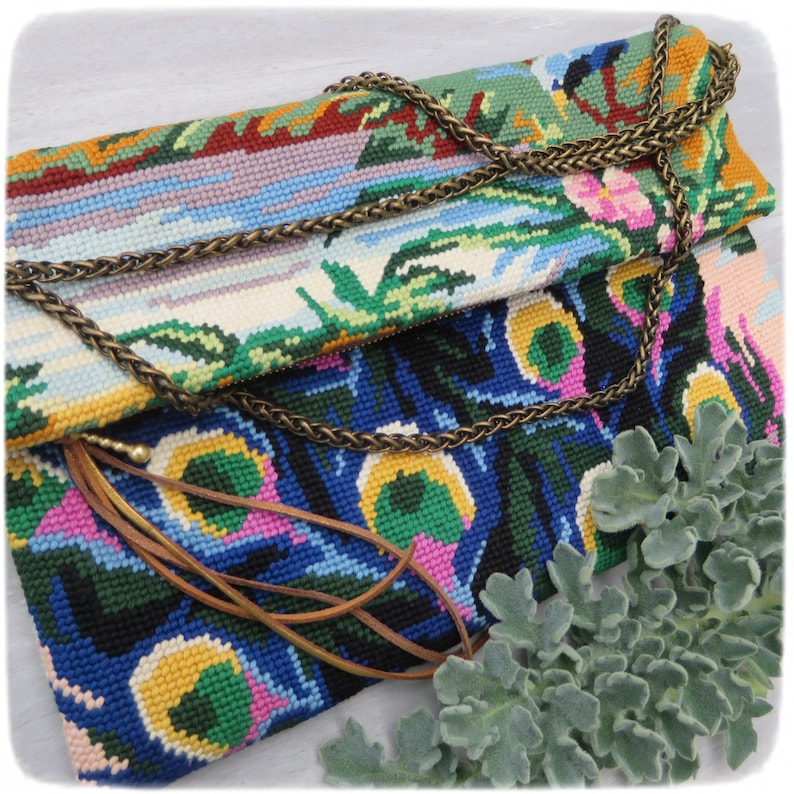 Zipper Carpet Cross body bag, French Antique needlepoint Blue Peacock, Colorful Feathers image 1