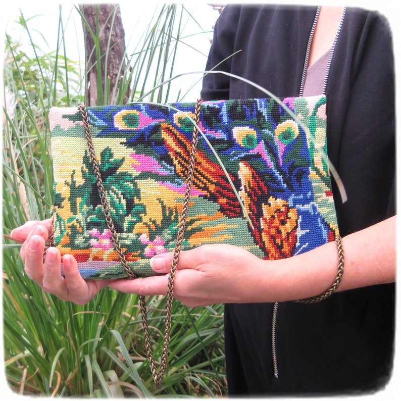 Zipper Carpet Cross body bag, French Antique needlepoint Blue Peacock, Colorful Feathers image 5
