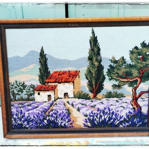 Tapestry Handbag with Vintage Needlepoint, Provence Landscape, Lavender Fields, Romanesque Chapel image 10