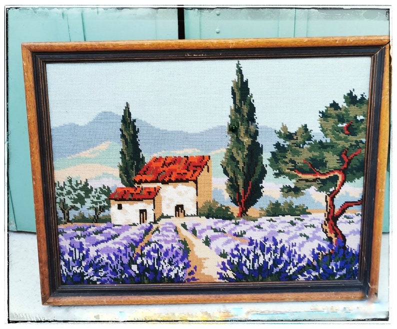 Tapestry Handbag with Vintage Needlepoint, Provence Landscape, Lavender Fields, Romanesque Chapel image 10