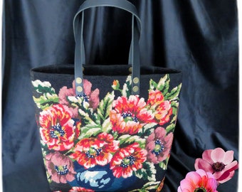 Needlepoint Shopping Bag, Tapestry Purse, Red Anemones,  Wild Flowers in Blue Vase, Pearl Cotton, Cross Stitches
