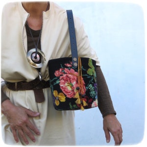 Tapestry Needlepoint Bucket Bag, Woven basket bag, Yellow Pansies image 1