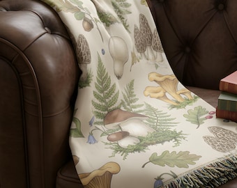Cottagecore Mushroom Woven Cotton Throw | Woodland Botanical Blanket