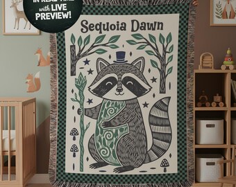 Personalized Raccoon Woven Blanket, Woodland Nursery Decor, Custom Baby Gift