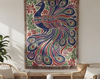 Peacock Throw Blanket | USA Made Cotton Woven Blanket | Colorful Home Decor Retro Maximalist