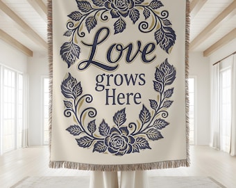 Love Grows Here Woven Blanket and Pillow | Foral Housewarming Cozy Decor