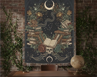 Dark Academia Woven Blanket | Skull Books Floral Woven Throw