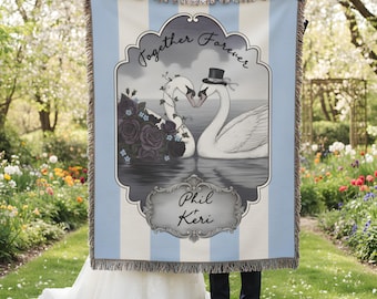 Custom Wedding Blanket | Newlywed Couple's Throw Whimsical Swans with Blue Stripes | Wedding Decor