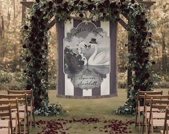 Swans Together Forever Personalized Couples Blanket with Aubergine Stripes, Engagement gift, newlywed couple