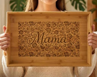 Mama Floral Engraved Bamboo Serving Tray | Wood Breakfast Tray