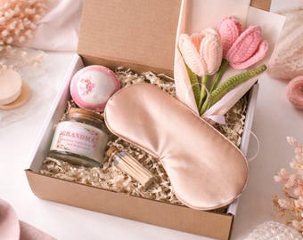 Luxury Self Care Gift Box for Grandma | Candle, Bath Bomb, Sleep Mask, Crochet Bouquet