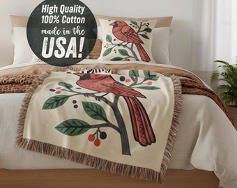 Personalized Cardinal Woven Blanket | Cottagecore Nursery Decor | Woodland Animals Custom Name Blanket | Cozy Cotton Throw