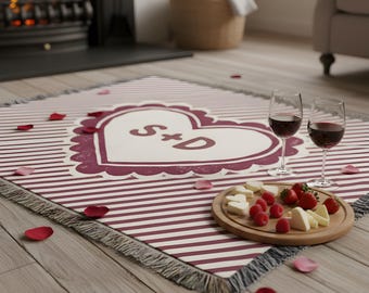 Custom Initials Woven Blanket, Romantic Heart, Couples Gift