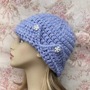Periwinkle Blue Cloche with Button, Cloche Hat, Blue Crochet Hat, Winter Beanie, Vintage Style, Winter Cloche, Chemo Hat, READY TO SHIP